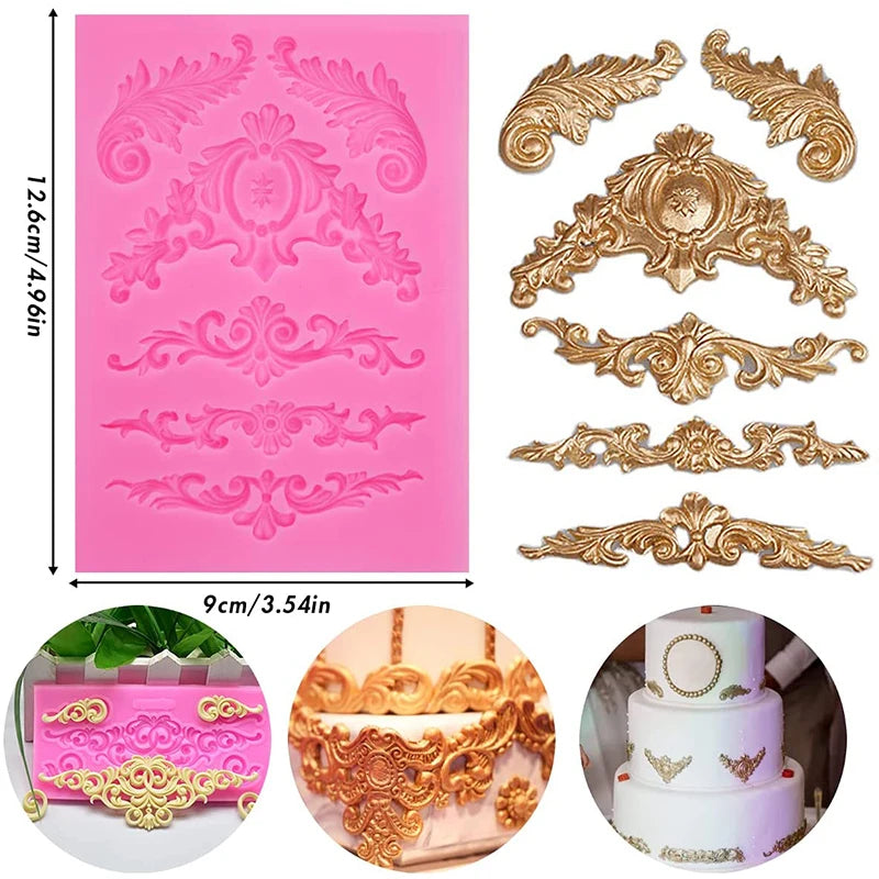 Moule en silicone pour fondant en dentelle style baroque, décoration de bordure de gâteau, moule pour décoration de dessus de cupcake