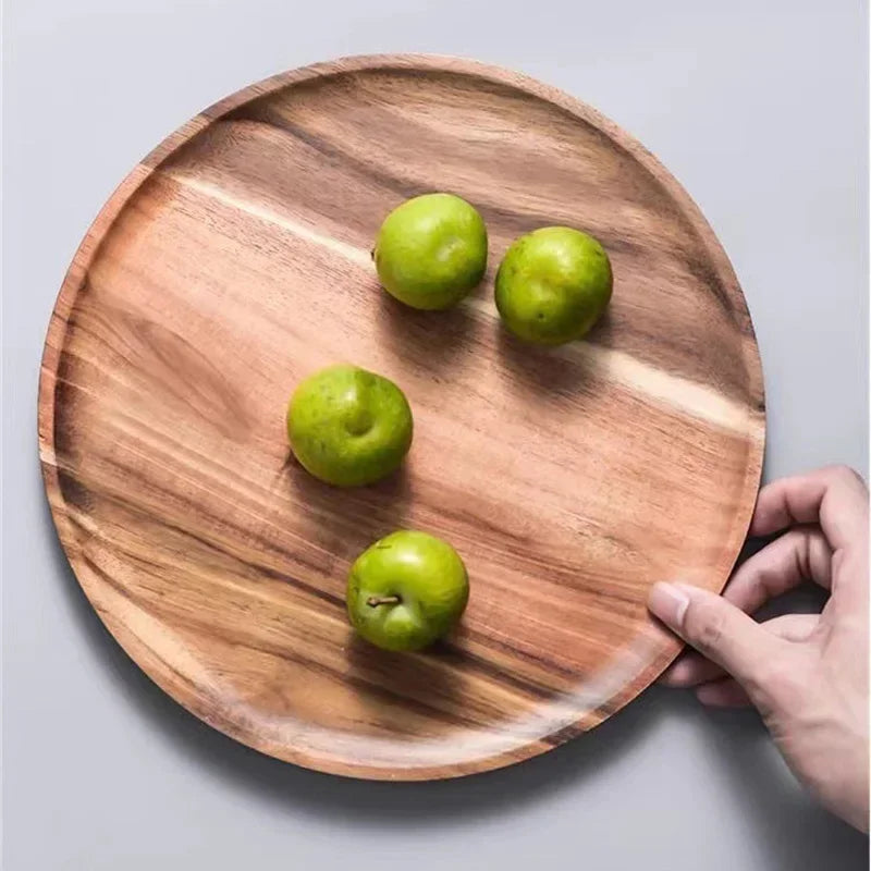 Plateau de service rond en bois de 15/20/25 cm, style rétro, pour pizza, salade, fruits, desserts, pain, gâteaux, snacks