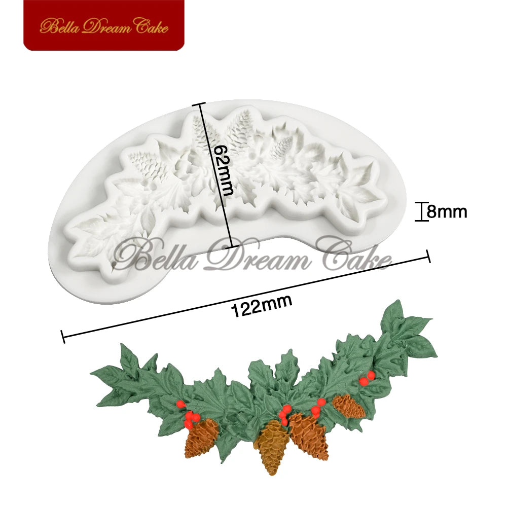 Moule 3D en silicone en forme de couronne de renne et de pignons de pin pour décoration de gâteaux, fondant, chocolat, argile, pâtisserie