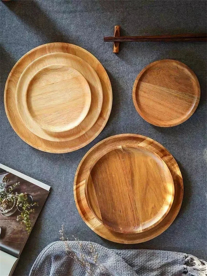 Plateau de service rond en bois de 15/20/25 cm, style rétro, pour pizza, salade, fruits, desserts, pain, gâteaux, snacks