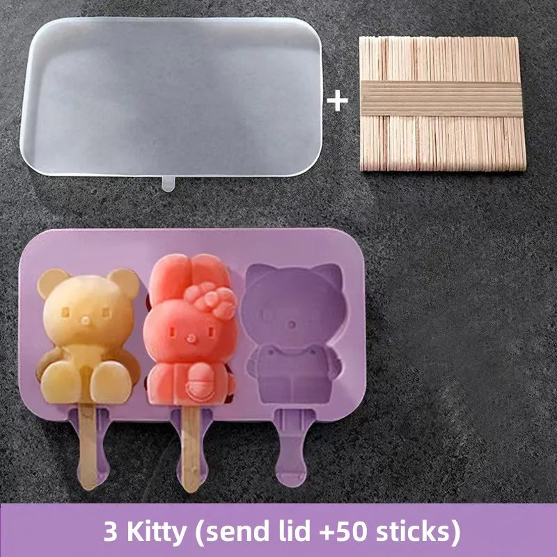 Moule à glace en silicone, moules siamois avec couvercle, moule à glace fait maison, dessin animé, image mignonne, outils de cuisine faits à la main
