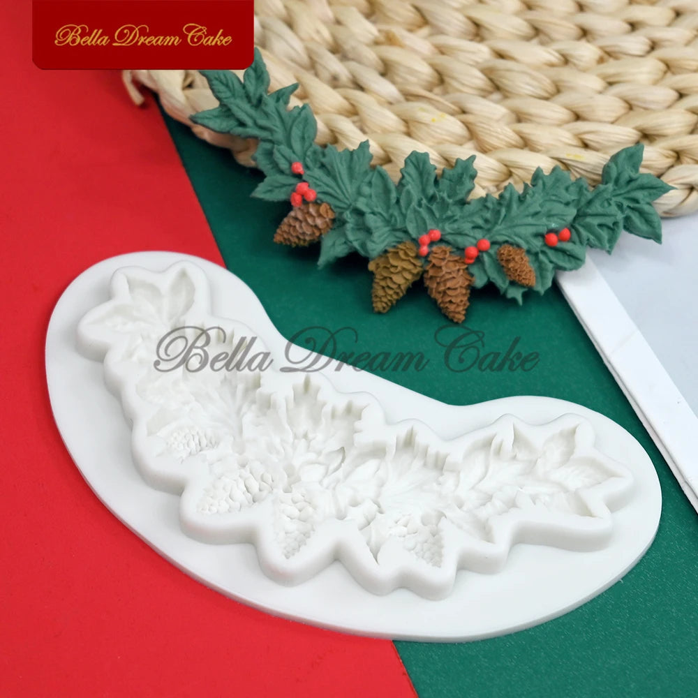 Moule 3D en silicone en forme de couronne de renne et de pignons de pin pour décoration de gâteaux, fondant, chocolat, argile, pâtisserie