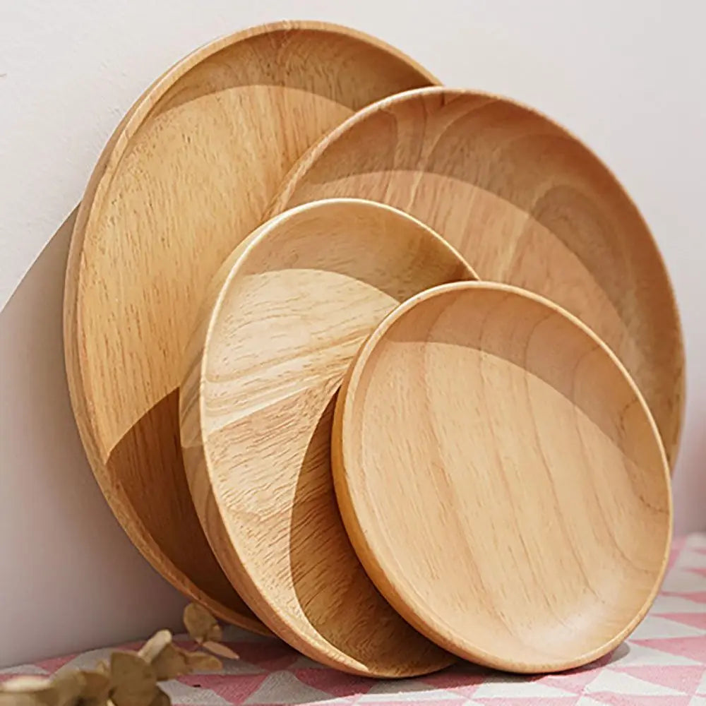 Assiette à collation incassable en bois d'hévéa, écologique, faite à la main, ronde, plateau à thé, assiette à dessert