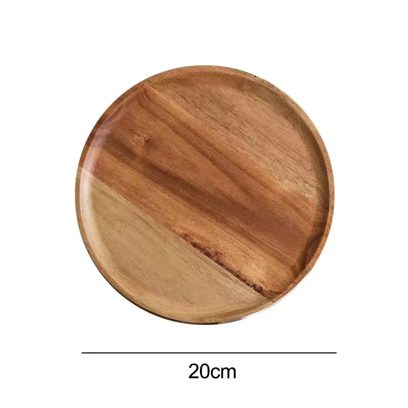 Plateau de service rond en bois de 15/20/25 cm, style rétro, pour pizza, salade, fruits, desserts, pain, gâteaux, snacks