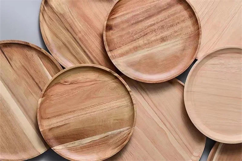 Plateau de service rond en bois de 15/20/25 cm, style rétro, pour pizza, salade, fruits, desserts, pain, gâteaux, snacks