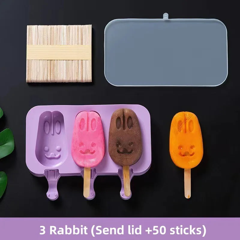 Moule à glace en silicone, moules siamois avec couvercle, moule à glace fait maison, dessin animé, image mignonne, outils de cuisine faits à la main