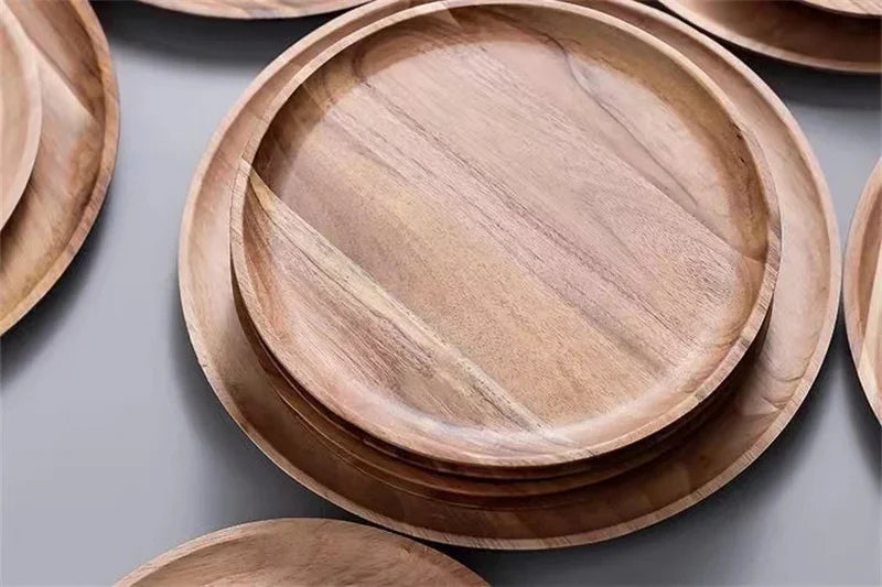 Plateau de service rond en bois de 15/20/25 cm, style rétro, pour pizza, salade, fruits, desserts, pain, gâteaux, snacks
