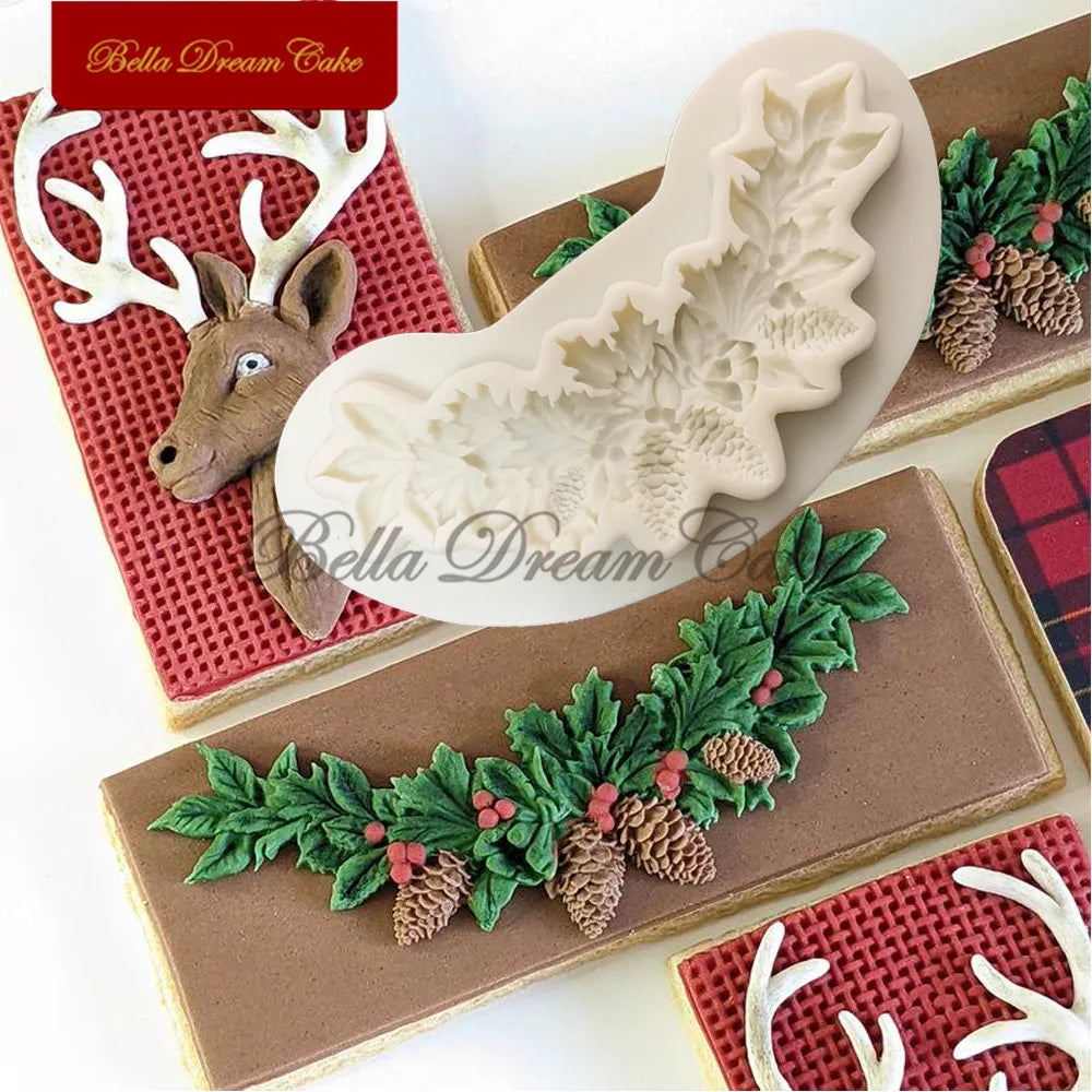 Moule 3D en silicone en forme de couronne de renne et de pignons de pin pour décoration de gâteaux, fondant, chocolat, argile, pâtisserie