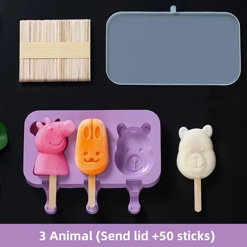 Moule à glace en silicone, moules siamois avec couvercle, moule à glace fait maison, dessin animé, image mignonne, outils de cuisine faits à la main