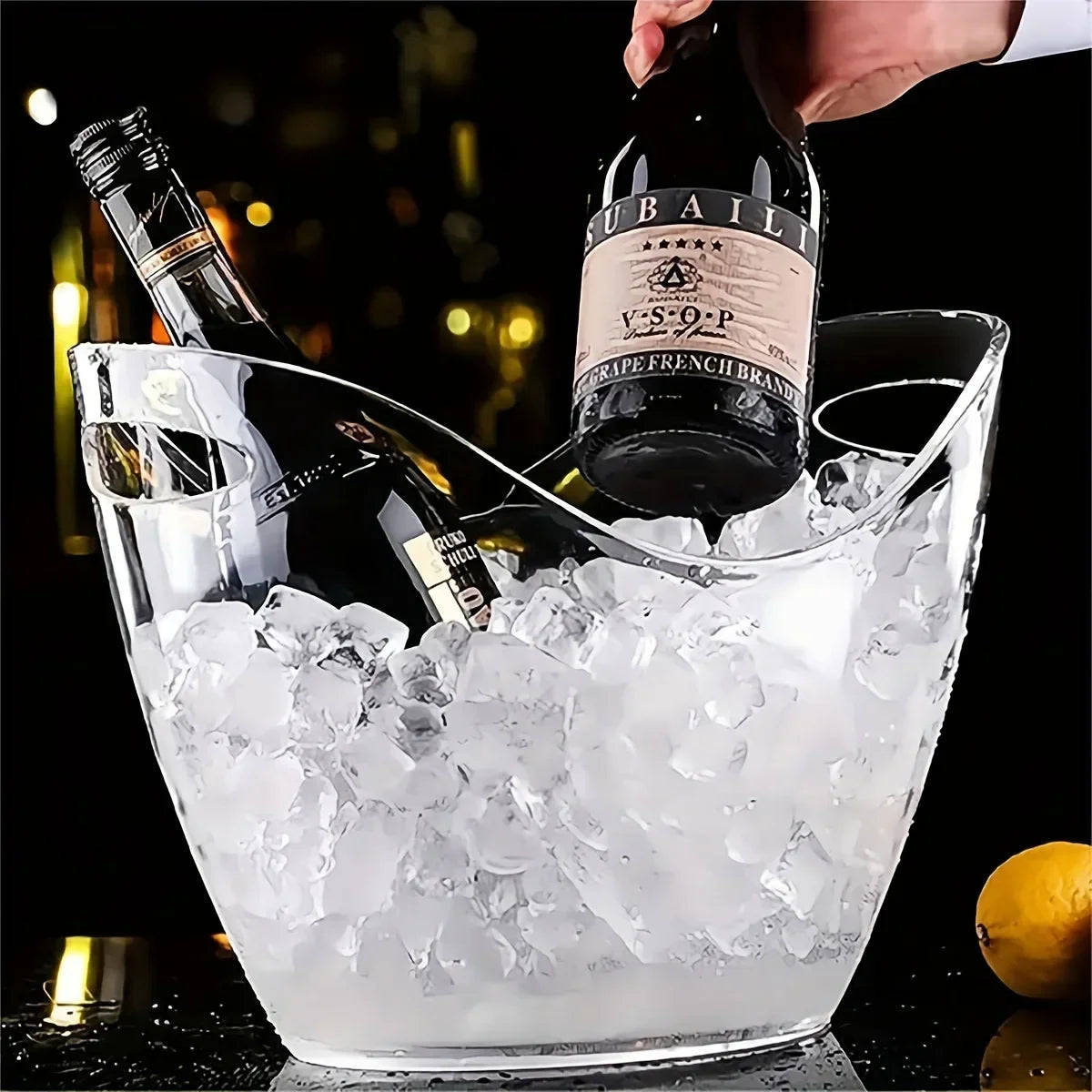 Seau à glace antidérapant pour fêtes, panier de rangement en acrylique transparent de 3,5 litres pour 2 bouteilles de vin, de champagne ou 4 bouteilles de bière