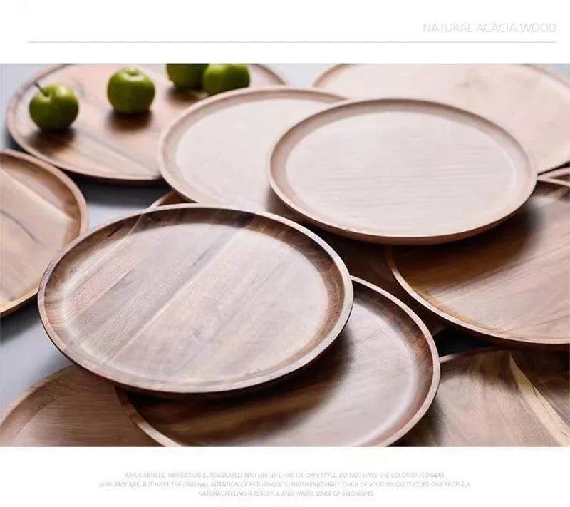 Plateau de service rond en bois de 15/20/25 cm, style rétro, pour pizza, salade, fruits, desserts, pain, gâteaux, snacks