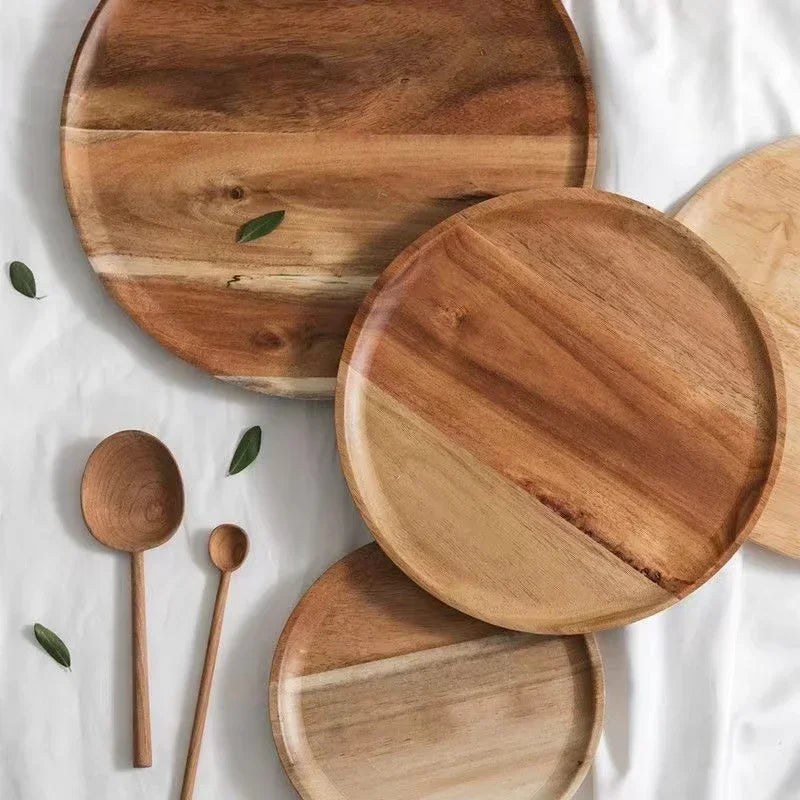 Plateau de service rond en bois de 15/20/25 cm, style rétro, pour pizza, salade, fruits, desserts, pain, gâteaux, snacks