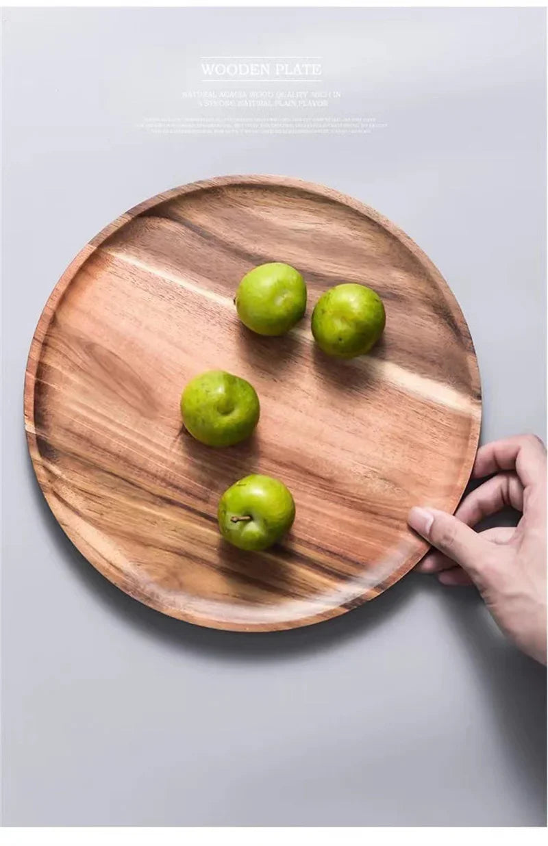 Plateau de service rond en bois de 15/20/25 cm, style rétro, pour pizza, salade, fruits, desserts, pain, gâteaux, snacks