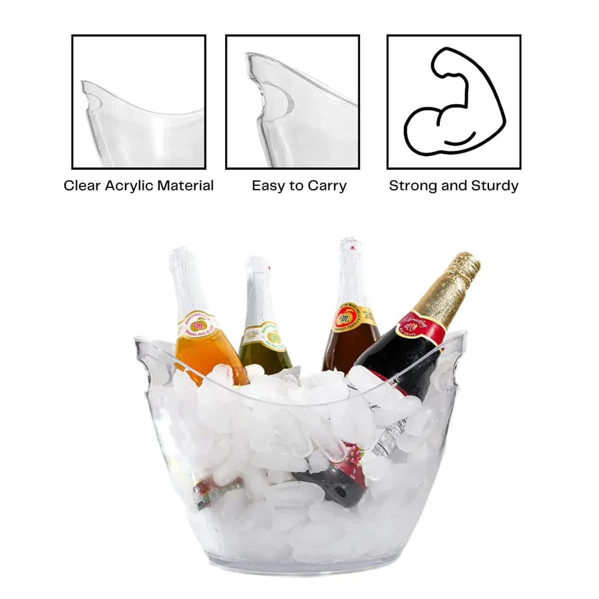 Seau à glace antidérapant pour fêtes, panier de rangement en acrylique transparent de 3,5 litres pour 2 bouteilles de vin, de champagne ou 4 bouteilles de bière