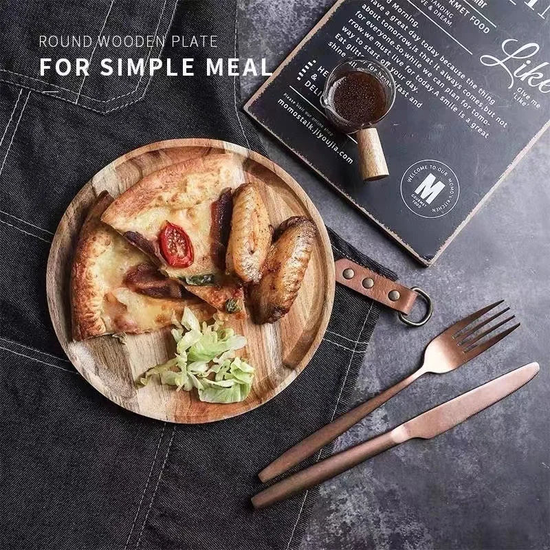 Plateau de service rond en bois de 15/20/25 cm, style rétro, pour pizza, salade, fruits, desserts, pain, gâteaux, snacks