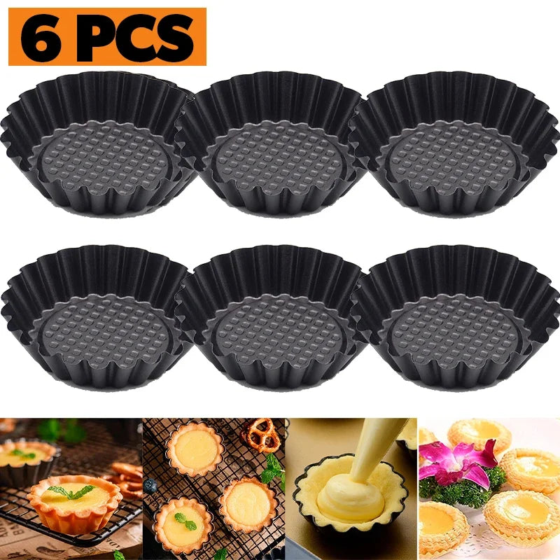 6Pcs Non-Stick Tart Quiche Flan Pan Round Lace Egg Tart Mold Reusable Tartlet Moulds Pie Baking Cups Cake Cookie Cupcake Mould