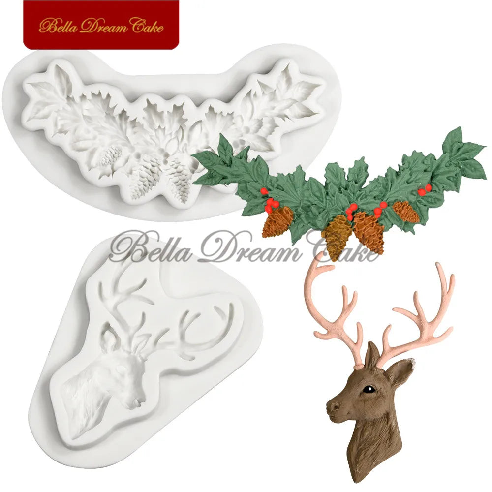 Moule 3D en silicone en forme de couronne de renne et de pignons de pin pour décoration de gâteaux, fondant, chocolat, argile, pâtisserie