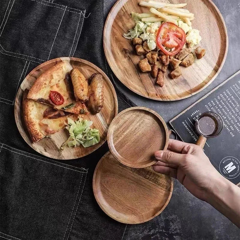 Plateau de service rond en bois de 15/20/25 cm, style rétro, pour pizza, salade, fruits, desserts, pain, gâteaux, snacks