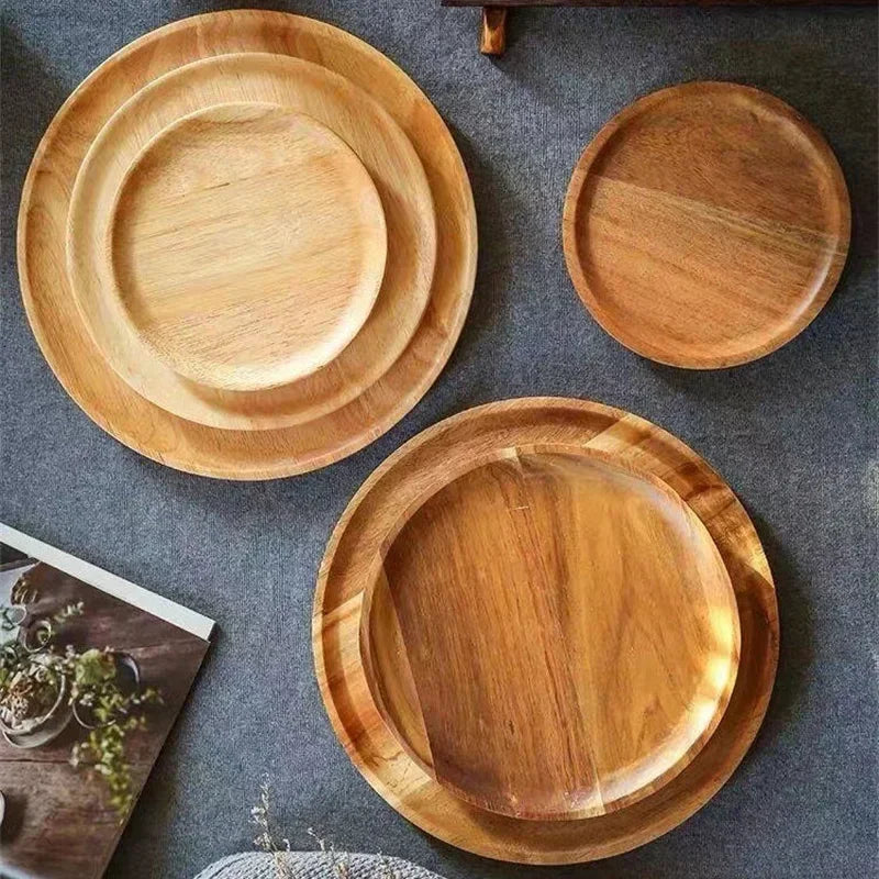 Plateau de service rond en bois de 15/20/25 cm, style rétro, pour pizza, salade, fruits, desserts, pain, gâteaux, snacks