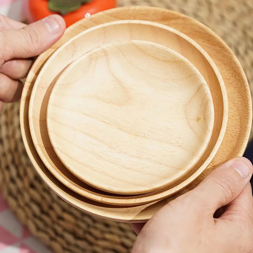 Assiette à collation incassable en bois d'hévéa, écologique, faite à la main, ronde, plateau à thé, assiette à dessert