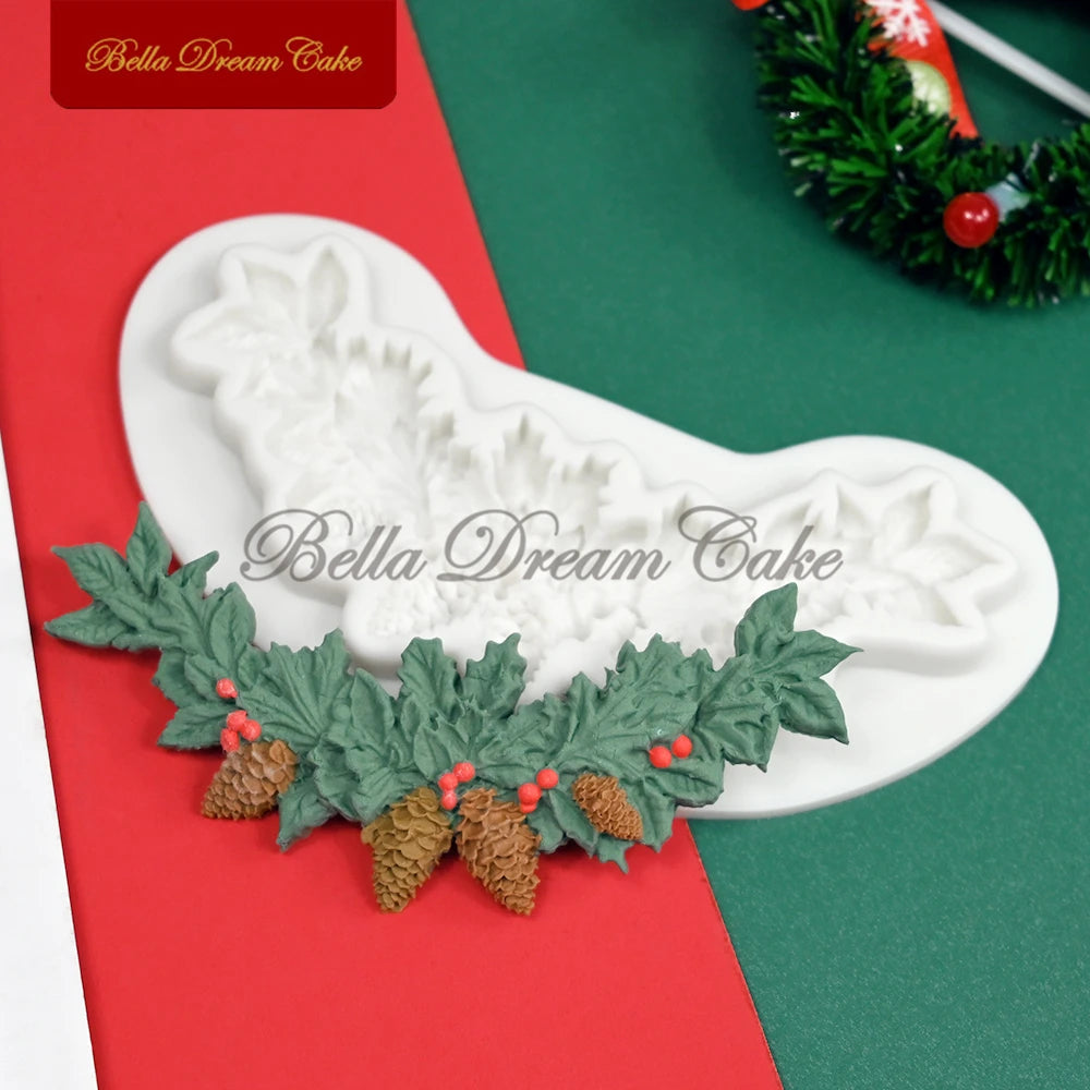 Moule 3D en silicone en forme de couronne de renne et de pignons de pin pour décoration de gâteaux, fondant, chocolat, argile, pâtisserie
