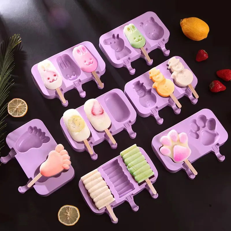 Moule à glace en silicone, moules siamois avec couvercle, moule à glace fait maison, dessin animé, image mignonne, outils de cuisine faits à la main