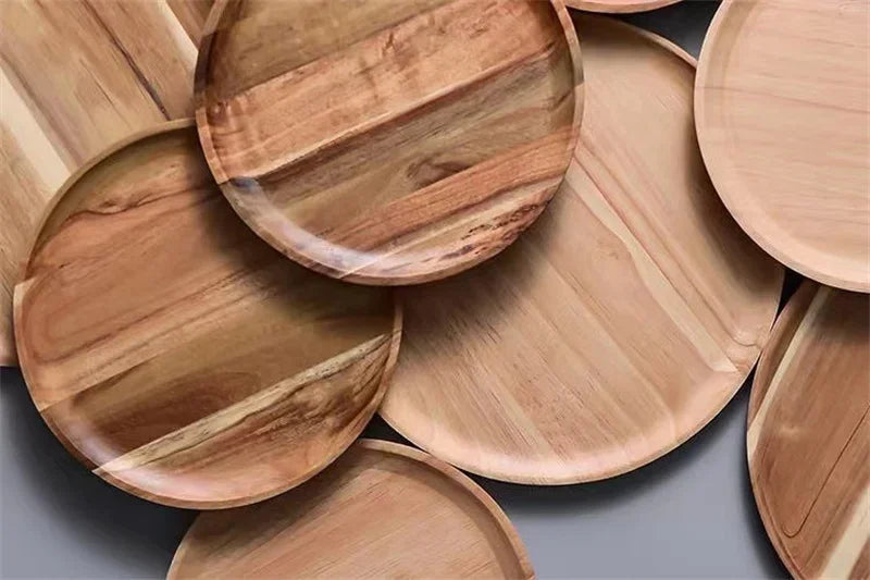 Plateau de service rond en bois de 15/20/25 cm, style rétro, pour pizza, salade, fruits, desserts, pain, gâteaux, snacks