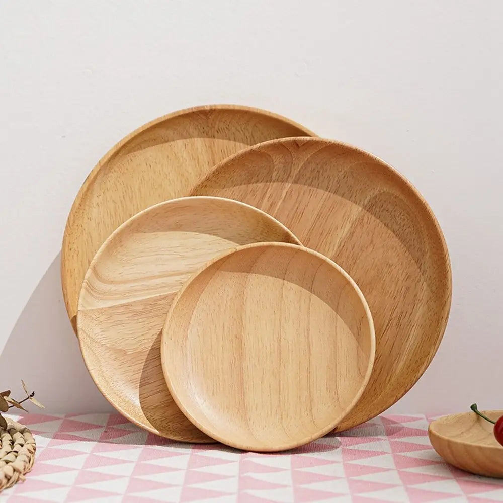 Assiette à collation incassable en bois d'hévéa, écologique, faite à la main, ronde, plateau à thé, assiette à dessert