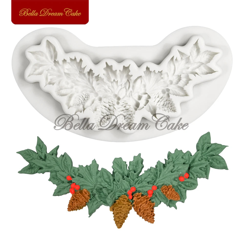 Moule 3D en silicone en forme de couronne de renne et de pignons de pin pour décoration de gâteaux, fondant, chocolat, argile, pâtisserie